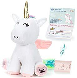 Image: Unicorn Stuffed Animal - Cute Unicorn Gifts Large 13inch White Unicorns Plush Toy with Pink Wings Rainbow Hair and Writable Pink Heart Paws! Gift Packaged for Graduation, Birthday or Valentines Gift for Girls