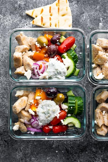 overhead view of Greek Chicken Meal Prep Bowls in meal prep containers