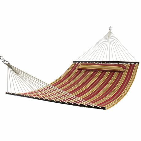 Best Choice Products Quilted Double Hammock with Detachable Pillow, Spreader Bar - Burgundy and Tan Stripe