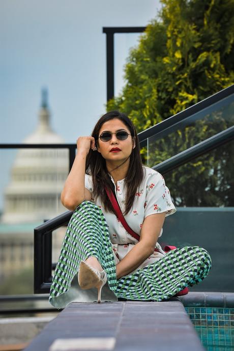 printed jeans, Rent the runway, printed outfit, spring outfit, white peplum top, free people jeans, zac posen red bag, saumya shiohare, myriad musings 