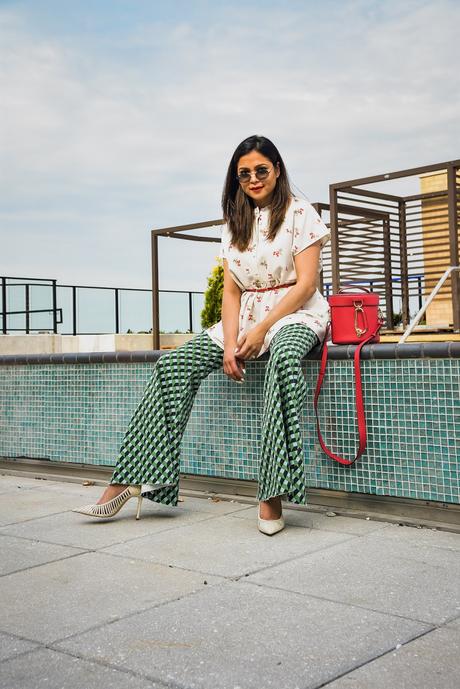 printed jeans, Rent the runway, printed outfit, spring outfit, white peplum top, free people jeans, zac posen red bag, saumya shiohare, myriad musings 