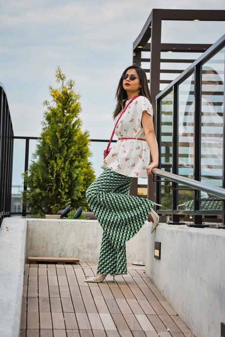 printed jeans, Rent the runway, printed outfit, spring outfit, white peplum top, free people jeans, zac posen red bag, saumya shiohare, myriad musings 