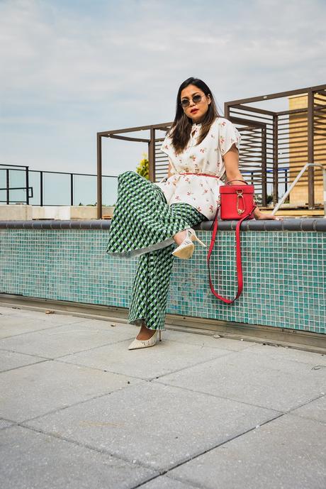 printed jeans, Rent the runway, printed outfit, spring outfit, white peplum top, free people jeans, zac posen red bag, saumya shiohare, myriad musings 
