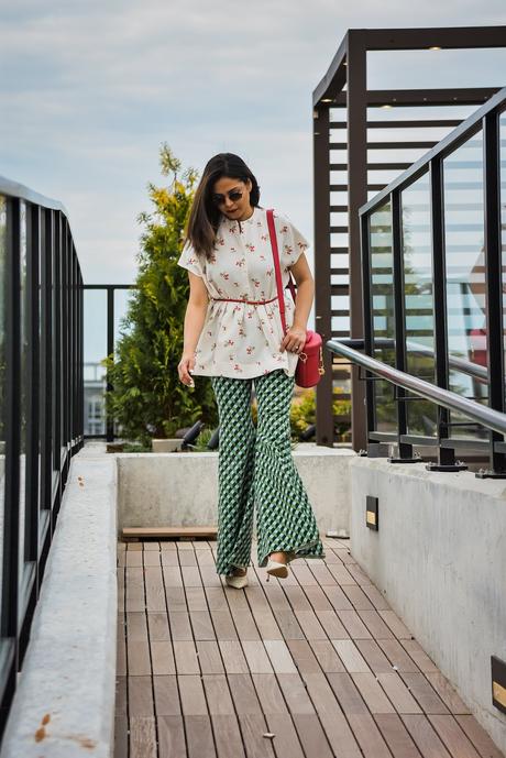 printed jeans, Rent the runway, printed outfit, spring outfit, white peplum top, free people jeans, zac posen red bag, saumya shiohare, myriad musings 