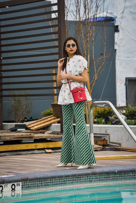 printed jeans, Rent the runway, printed outfit, spring outfit, white peplum top, free people jeans, zac posen red bag, saumya shiohare, myriad musings 
