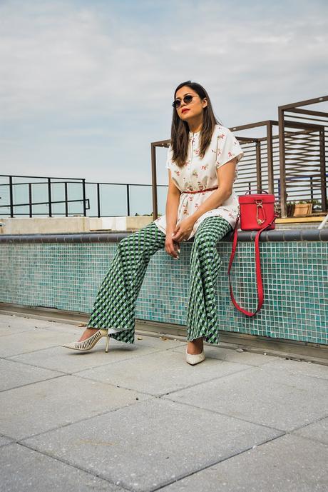 printed jeans, Rent the runway, printed outfit, spring outfit, white peplum top, free people jeans, zac posen red bag, saumya shiohare, myriad musings 