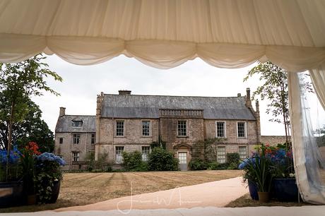 Mapperton House viewed through marquee entrance
