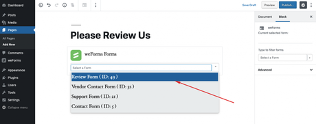 Add a Rating Field in Your WordPress Form In Easiest Way select review form from the list of weforms block