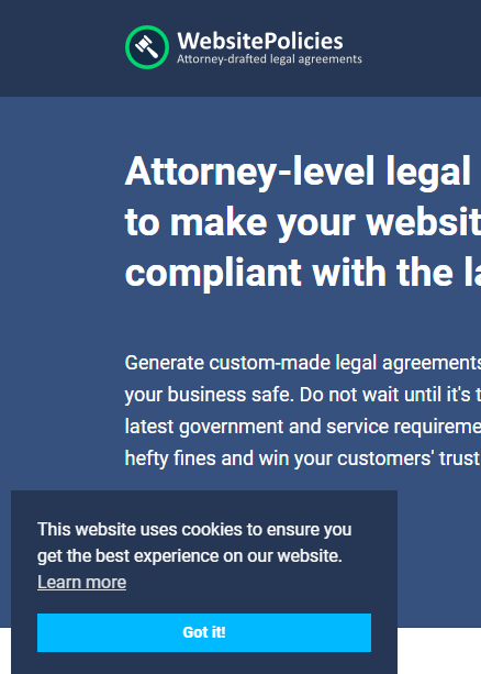 WebsitePolicies Review: Generate Legal Agreements for Your Blog Cookie Consent Banner