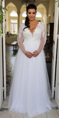  plus size wedding dresses with sleeves a line deep v neckline lace top levana