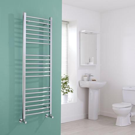 Milano Eco Curved Heated Towel Rail on a wall in a bathroom
