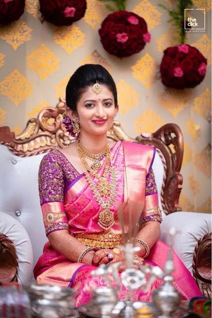 Pink Silk Saree and Purple Blouse