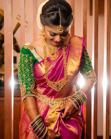 Pink Wedding Saree and yellow Blouse