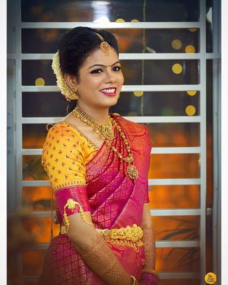 Pink Wedding Saree and yellow Blouse