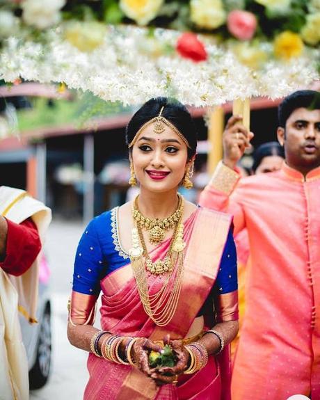 Pink Wedding Saree and Blue Blouse