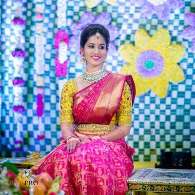 Pink Wedding Saree and Orange Blouse