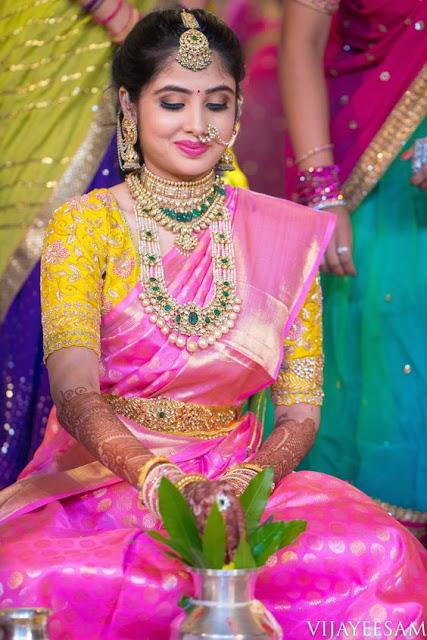 Pink Wedding Saree and yellow Blouse