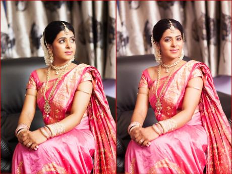 Pink Saree and Golden Blouse Design