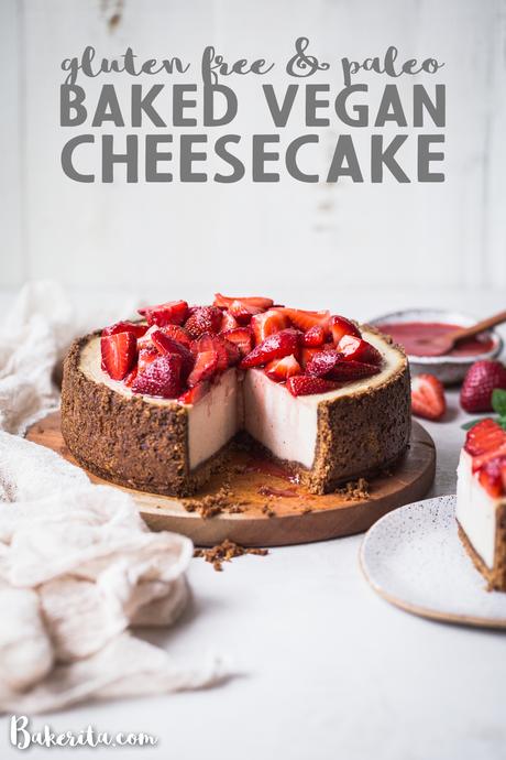 In this Baked Vegan Cheesecake, a gluten-free and paleo graham cracker-style crust encases a sweet and creamy vanilla cheesecake filling. Coconut yogurt and cashews create the perfect texture to mimic a classic cheesecake.