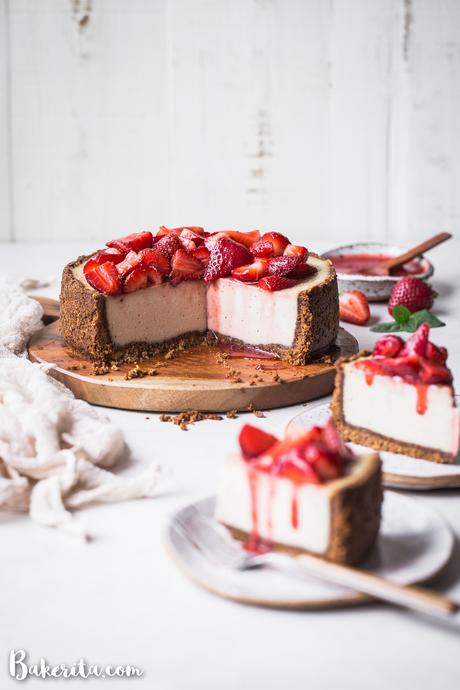 In this Baked Vegan Cheesecake, a gluten-free and paleo graham cracker-style crust encases a sweet and creamy vanilla cheesecake filling. Coconut yogurt and cashews create the perfect texture to mimic a classic cheesecake.