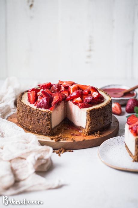 In this Baked Vegan Cheesecake, a gluten-free and paleo graham cracker-style crust encases a sweet and creamy vanilla cheesecake filling. Coconut yogurt and cashews create the perfect texture to mimic a classic cheesecake.