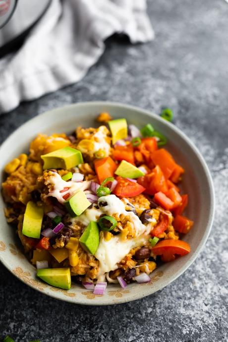 Instant Pot Fiesta Rice Bowls in gray bowl