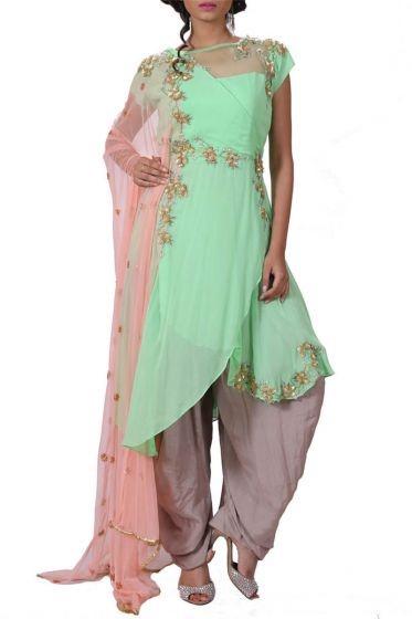 Lime Green & Taupe Grey Embroidered Georgette Dhoti Kameez  