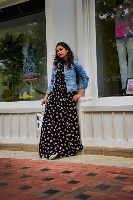 rent the runway maxi dress, denim jacket, sneakers with dress, ootd, street style, fashion, style, myriad musings, saumya shiohare .