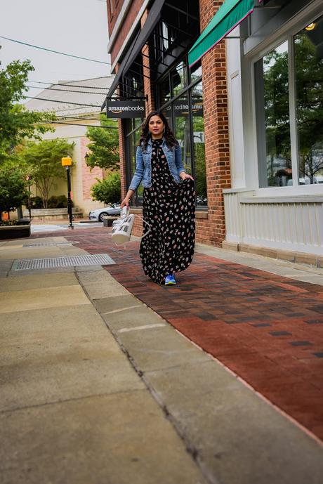 rent the runway maxi dress, denim jacket, sneakers with dress, ootd, street style, fashion, style, myriad musings, saumya shiohare .