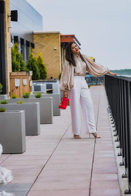 gold blouse, white jeans, party look, weddign guest, ootd, street style, dc blogger, saumya shiohare, myriad musings , rent the runway blouse, whute pants outit, red zac posen bag 