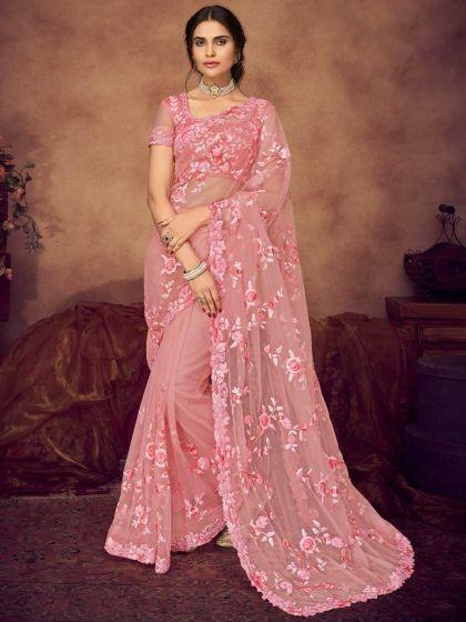 salmon-pink-net-embroidered-party-saree