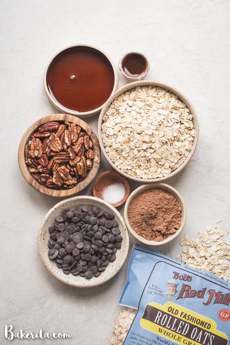 All the ingredients for Easy Chocolate Granola! Oats, chocolate chips, cacao powder, and so much more.