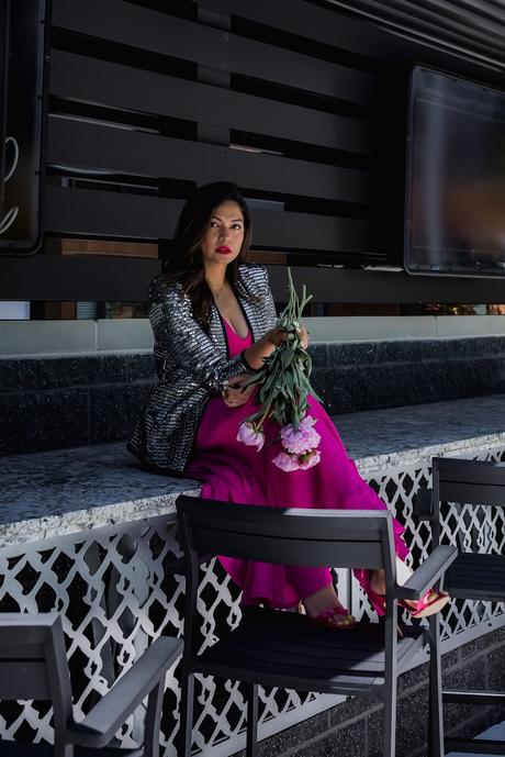 pink on pink outfit, metallic silver jacket, statement party jacket, wedding outfit, wedding guest, portrait photography, dc blogger, street style Hm ponk skirt, myriad musings, saumya shiohare 