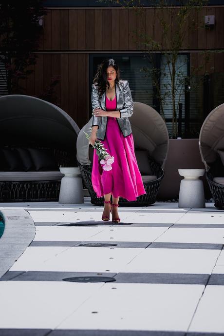 pink on pink outfit, metallic silver jacket, statement party jacket, wedding outfit, wedding guest, portrait photography, dc blogger, street style Hm ponk skirt, myriad musings, saumya shiohare 