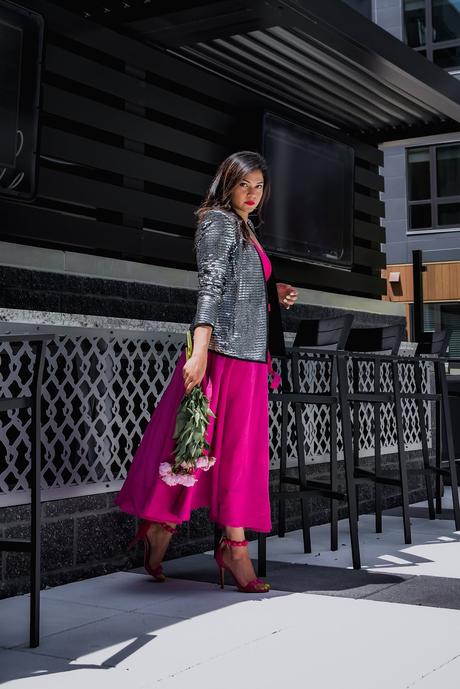 pink on pink outfit, metallic silver jacket, statement party jacket, wedding outfit, wedding guest, portrait photography, dc blogger, street style Hm ponk skirt, myriad musings, saumya shiohare 