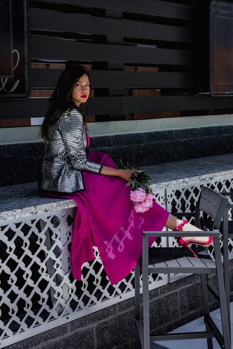 pink on pink outfit, metallic silver jacket, statement party jacket, wedding outfit, wedding guest, portrait photography, dc blogger, street style Hm ponk skirt, myriad musings, saumya shiohare 