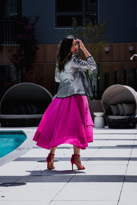 pink on pink outfit, metallic silver jacket, statement party jacket, wedding outfit, wedding guest, portrait photography, dc blogger, street style Hm ponk skirt, myriad musings, saumya shiohare 