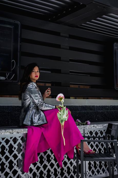 pink on pink outfit, metallic silver jacket, statement party jacket, wedding outfit, wedding guest, portrait photography, dc blogger, street style Hm ponk skirt, myriad musings, saumya shiohare 