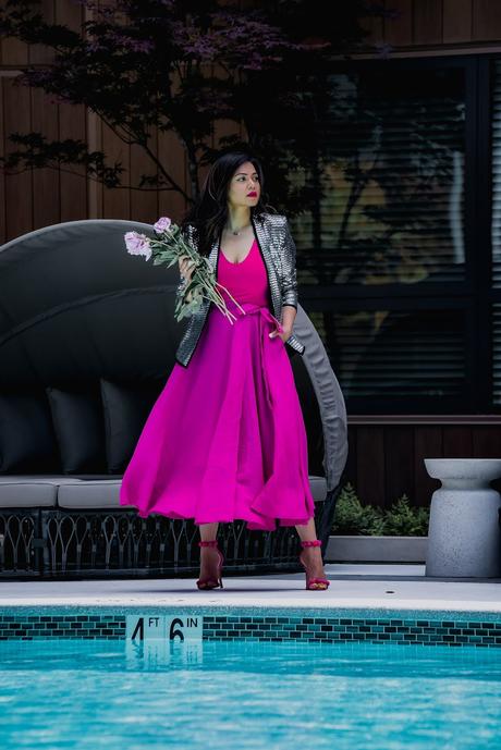 pink on pink outfit, metallic silver jacket, statement party jacket, wedding outfit, wedding guest, portrait photography, dc blogger, street style Hm ponk skirt, myriad musings, saumya shiohare 