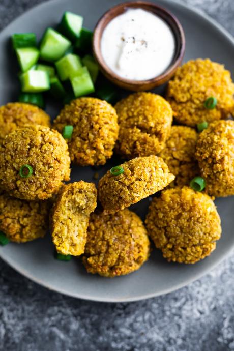 baked falafel on plate with dip