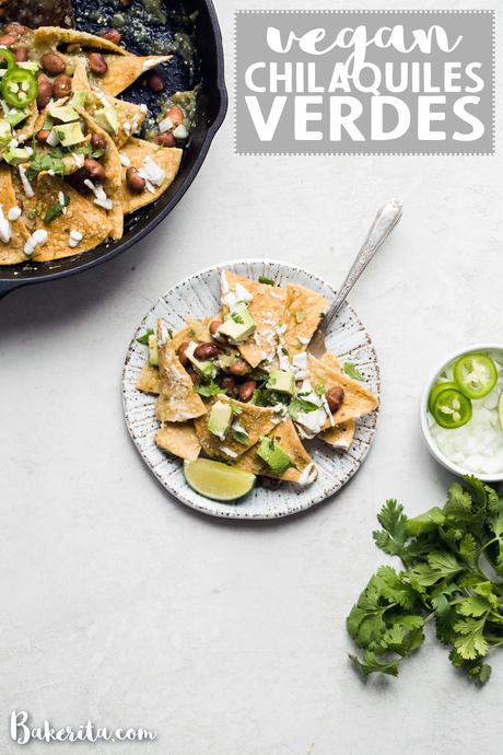 Make these Vegan Chilaquiles Verdes for a delicious breakfast, lunch, or dinner. It's made with an easy homemade salsa verde, baked tortilla chips, and a simple vegan sour cream! The recipe is naturally gluten-free and has a grain-free, paleo option.