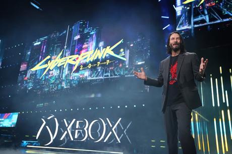 Keanu Reeves, Cyberpunk 2077 Actor, unveils the release date at the Xbox E3 2019 Briefing at the Microsoft Theater at L.A. Live, Sunday, June 9, 2019 in Los Angeles.