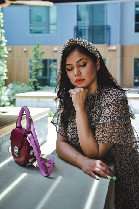 summer floral dress, cone heel sandals, neutral in summer, mini dress with heels, wedding outfit, lele sadoughi headband, pink purse, fashion, style, myriad musings, saumya shiohare 