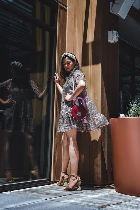 summer floral dress, cone heel sandals, neutral in summer, mini dress with heels, wedding outfit, lele sadoughi headband, pink purse, fashion, style, myriad musings, saumya shiohare 