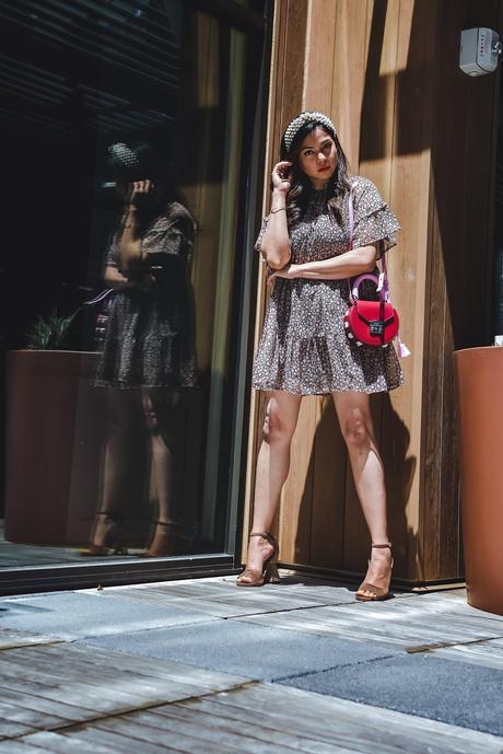 summer floral dress, cone heel sandals, neutral in summer, mini dress with heels, wedding outfit, lele sadoughi headband, pink purse, fashion, style, myriad musings, saumya shiohare 