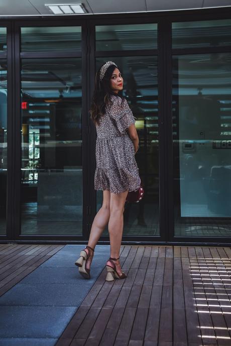 summer floral dress, cone heel sandals, neutral in summer, mini dress with heels, wedding outfit, lele sadoughi headband, pink purse, fashion, style, myriad musings, saumya shiohare 