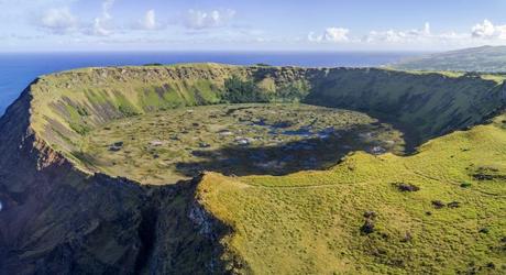 Aerial view of volcanic caldera in Easter Island