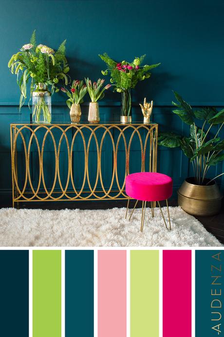 Hot pink and teal color palette inspiration. Colour scheme ideas for your home.