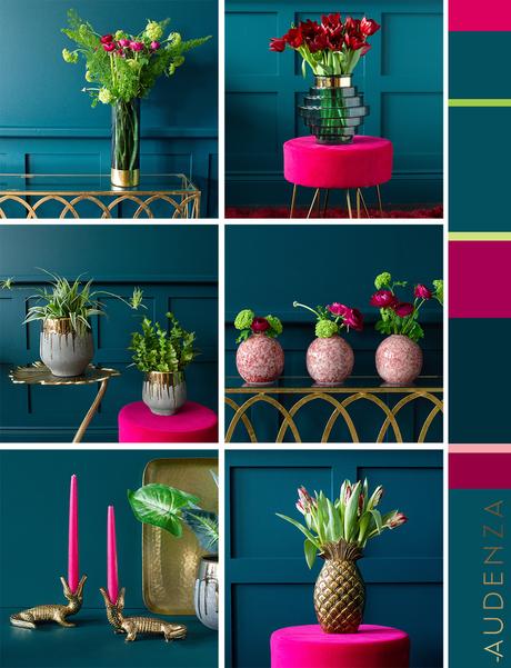 Hot pink and teal color palette inspiration. Colour scheme ideas for your home.