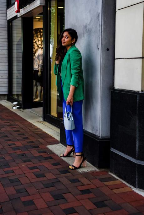 how to wear brights to office, blue pants, green jacket, vinyl heels, statement office look, fashion, style, street style, dc blogger, myriad musings, saumya shiohare 